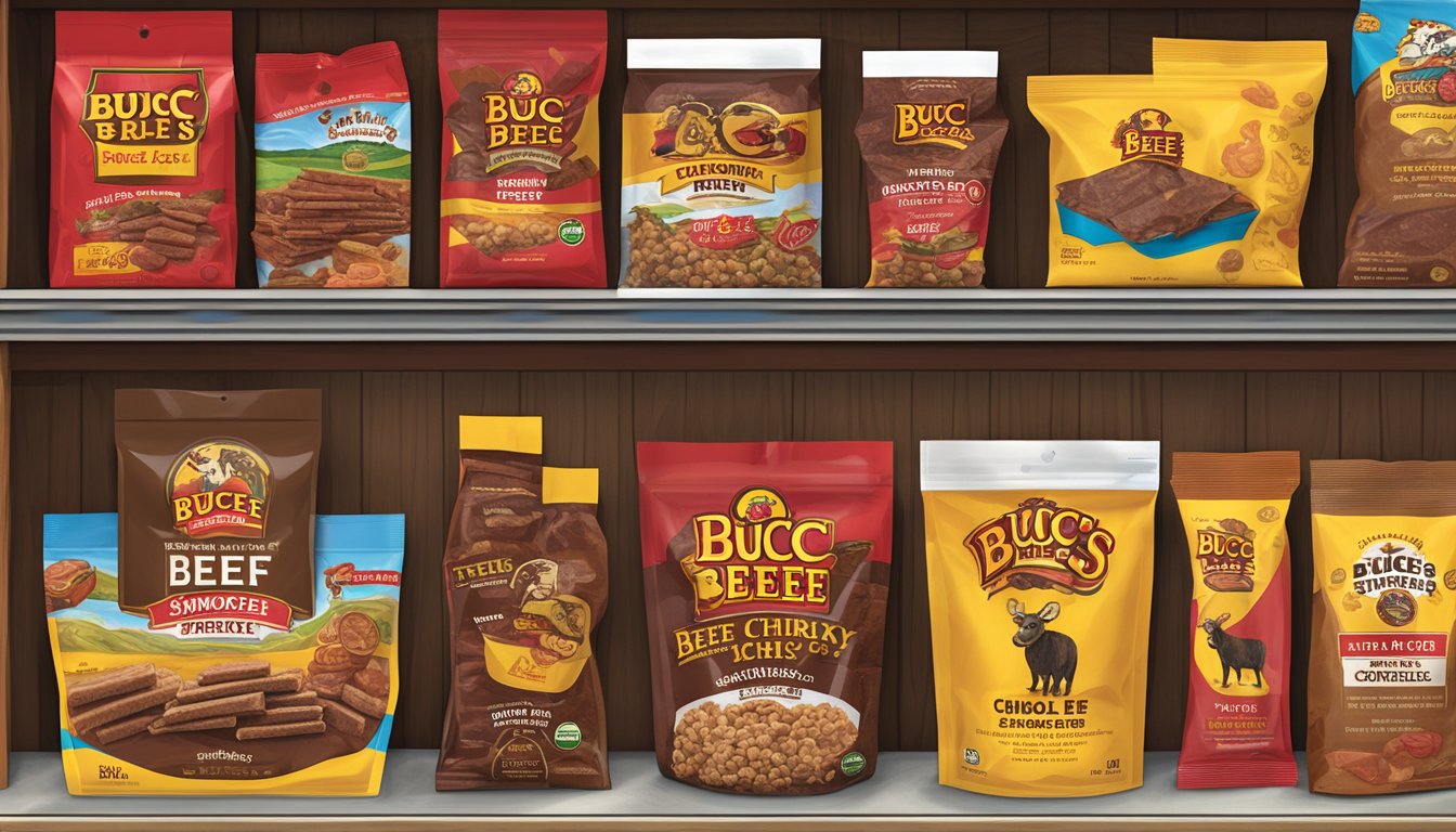 A bag of Buc-ee's Smoked Chipotle Beef Jerky surrounded by other Buc-ee's products, such as snacks and souvenirs, displayed on a shelf