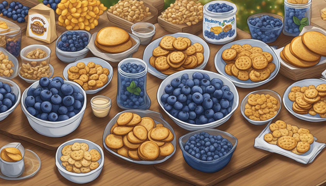 A display of Buc-ee's Blueberry Pudlettes and other products arranged on a table with a festive background