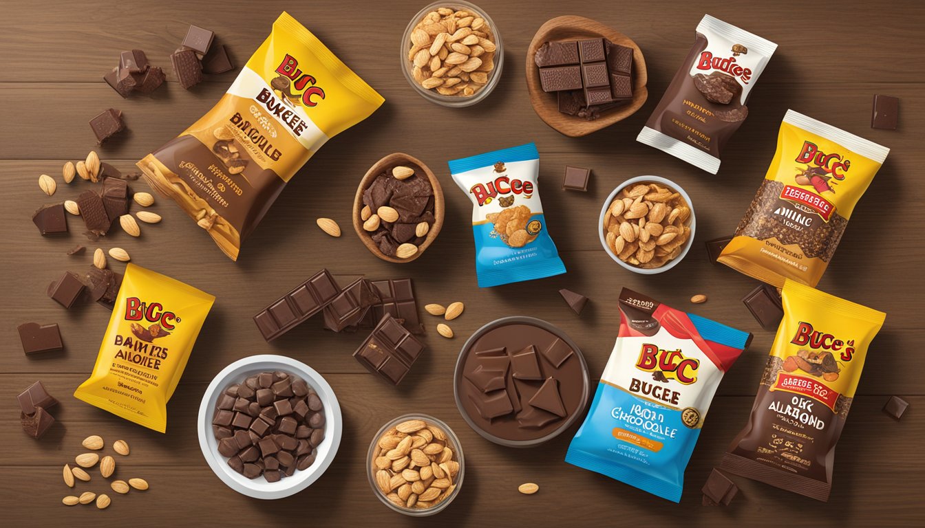 A bag of Buc-ee's Dark Chocolate Almond Brittle surrounded by other Buc-ee's products, arranged neatly on a wooden table