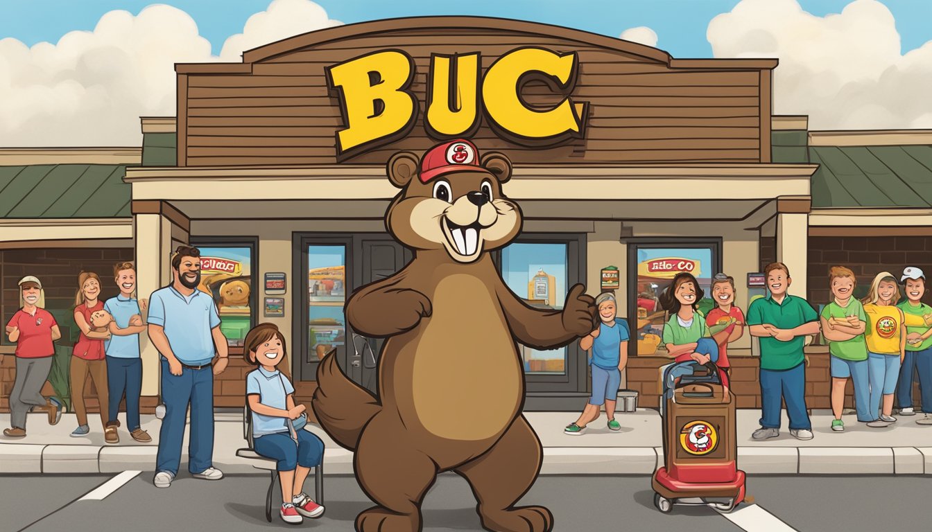 A beaver mascot stands proudly in front of a Buc-ee's store, surrounded by happy customers and the iconic Buc-ee's logo