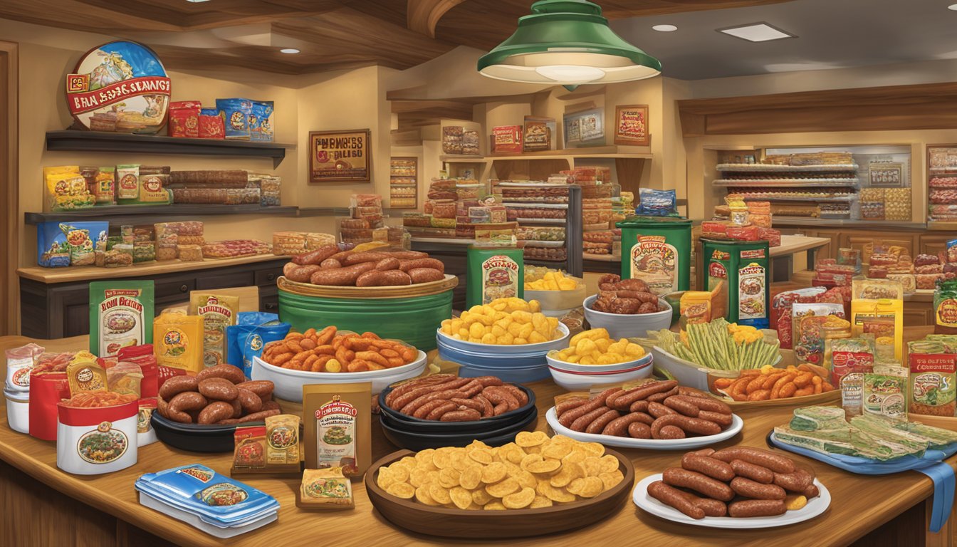 A table displays various Buc-ee's Texas Hill Country Sausage products, surrounded by other Buc-ee's gift items