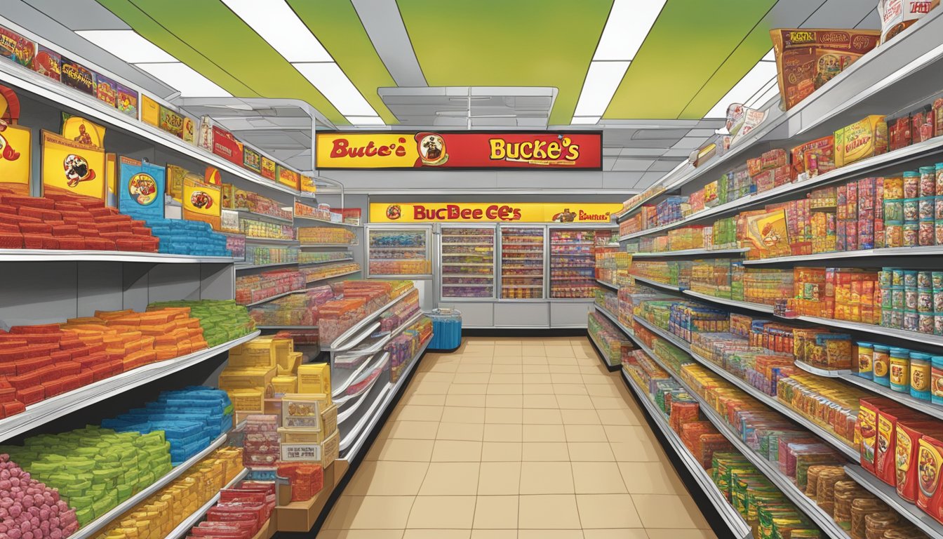 A bustling Buc-ee's store with shelves filled with iconic products like beef jerky, fudge, and t-shirts, creating a vibrant and lively atmosphere