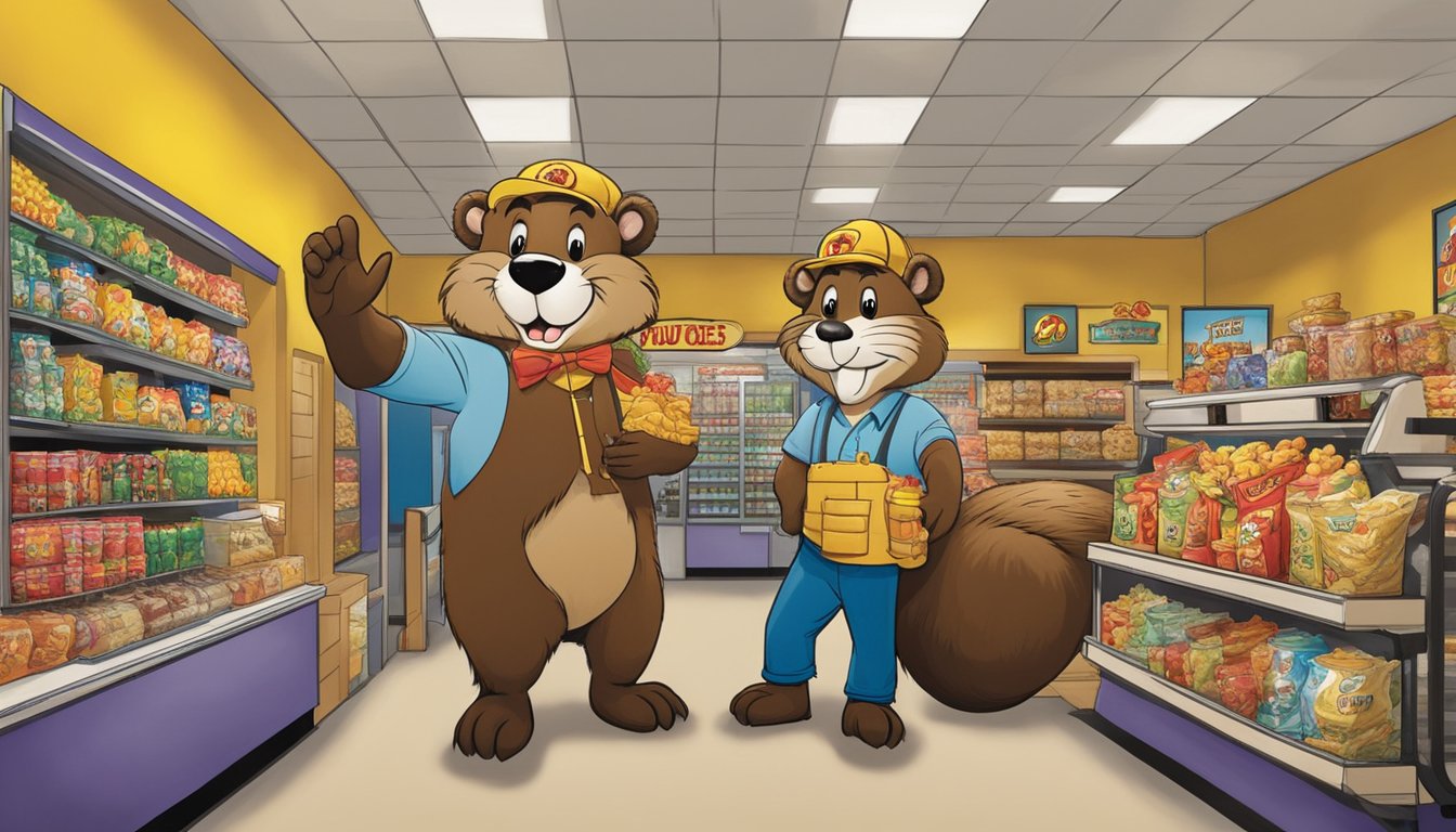 A larger-than-life beaver mascot greets customers at the entrance of Buc-ee's, while a wall of merchandise and snacks fills the background