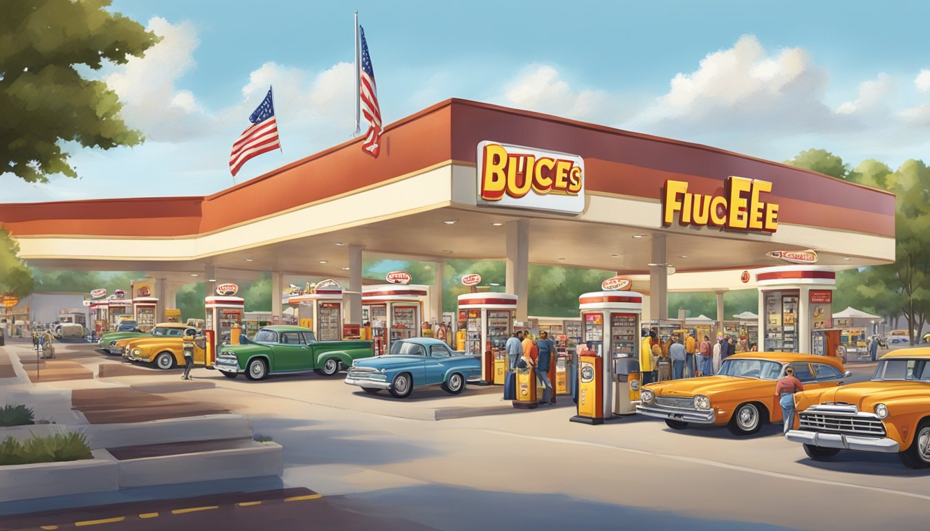 A busy Buc-ee's gas station with rows of fuel pumps, a large sign displaying "Fuel availability," and a crowd of cars and people bustling around