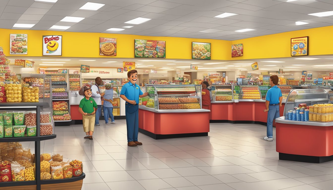 A smiling employee welcomes customers into a bustling Buc-ee's store filled with merchandise and snacks