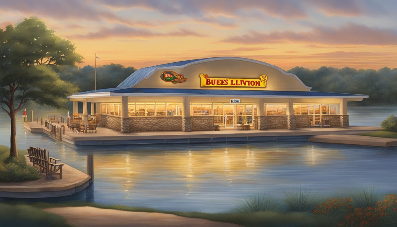 The sun sets over Lake Livingston, casting a warm glow on the 8 Buc-ee's locations with stunning views of the tranquil water and surrounding landscape