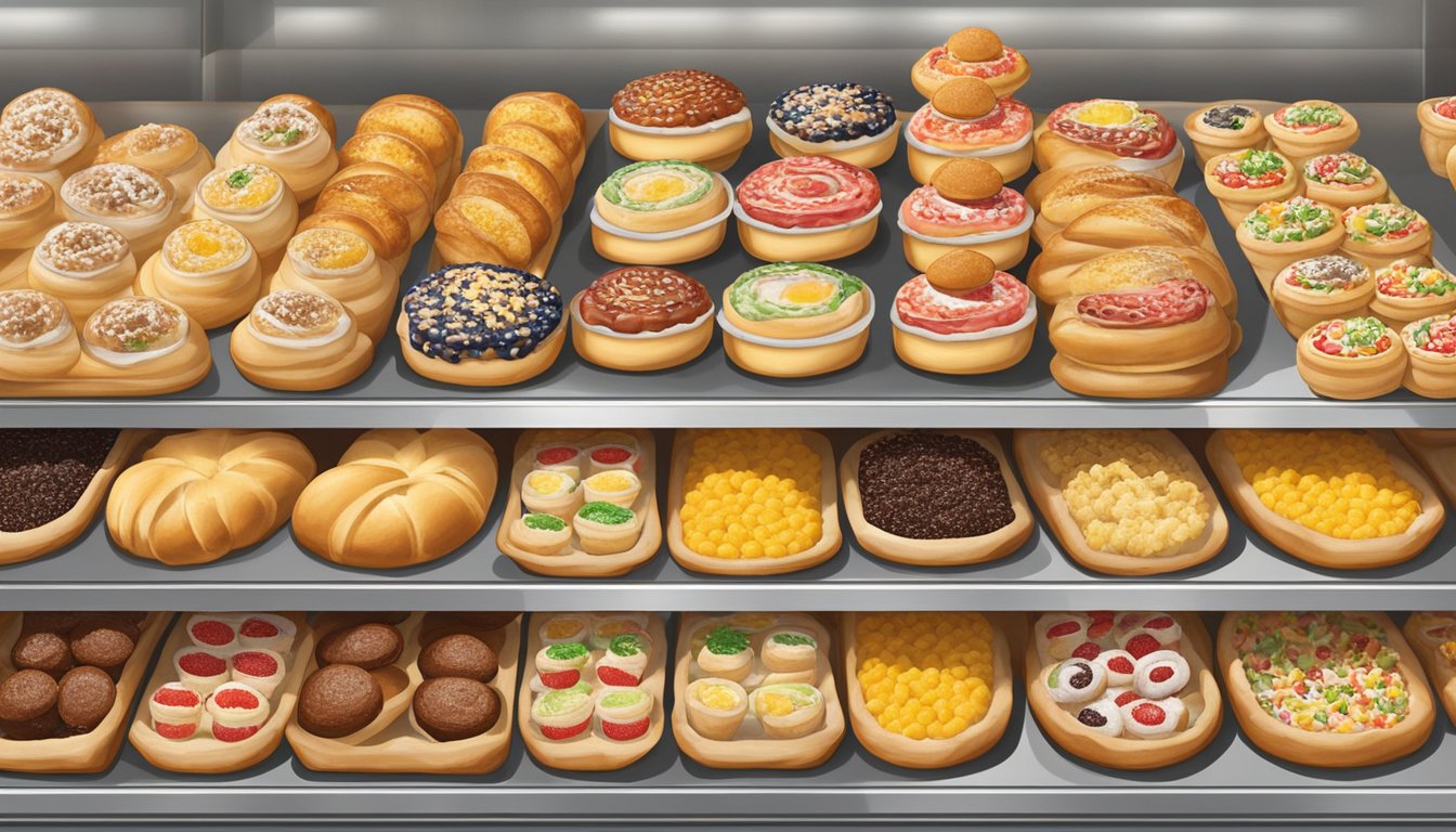 A display of fresh kolaches at a Buc-ee's store, with various flavors and fillings, arranged neatly on trays or in baskets