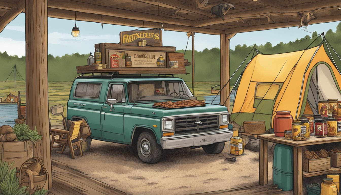 A rustic camping scene with a display of Redneck Roadkill Jerky and other camping items at a Buc-ee's store