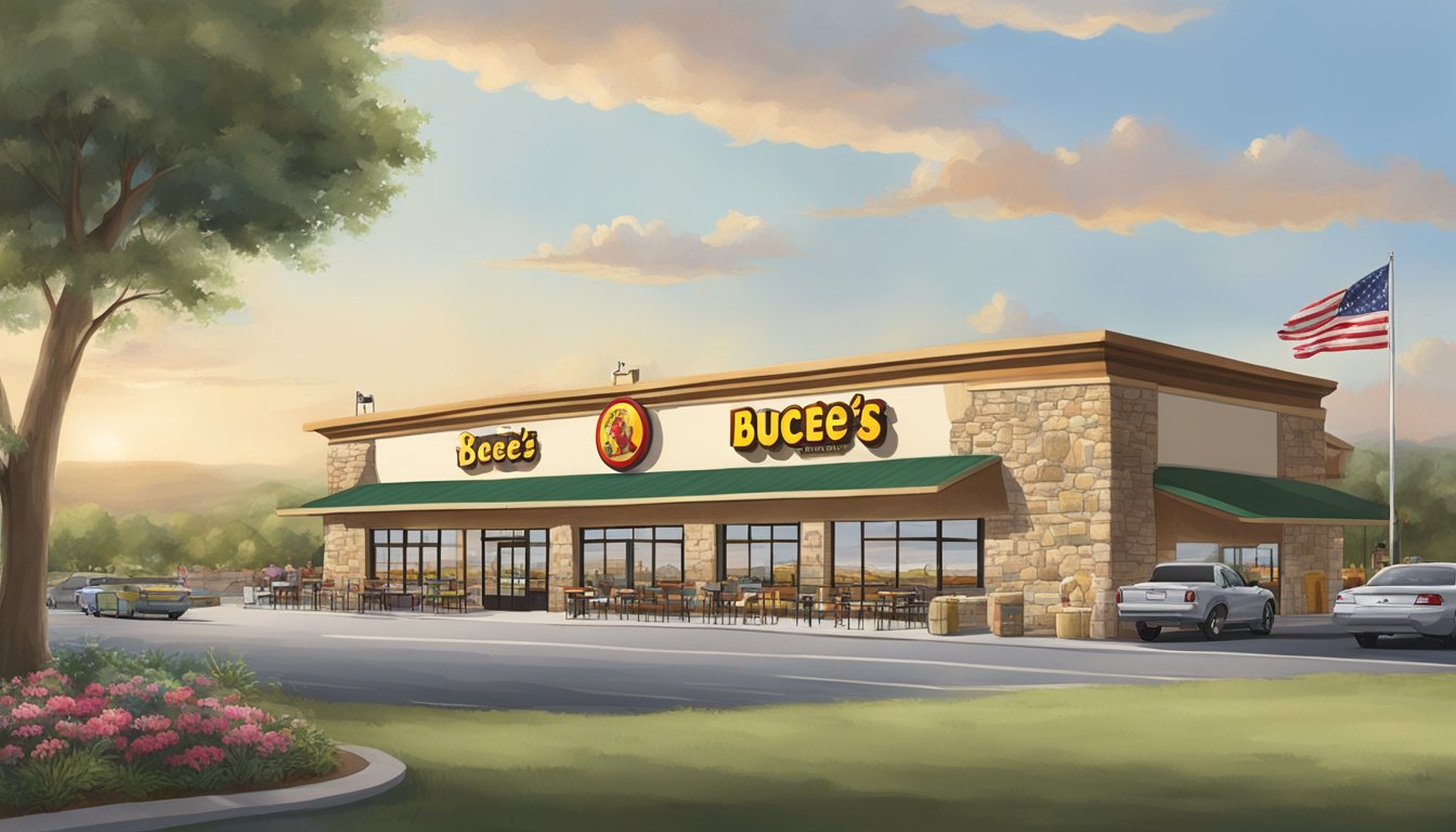 A serene Buc-ee's location with a picturesque view, featuring the iconic store surrounded by natural beauty and scenic vistas