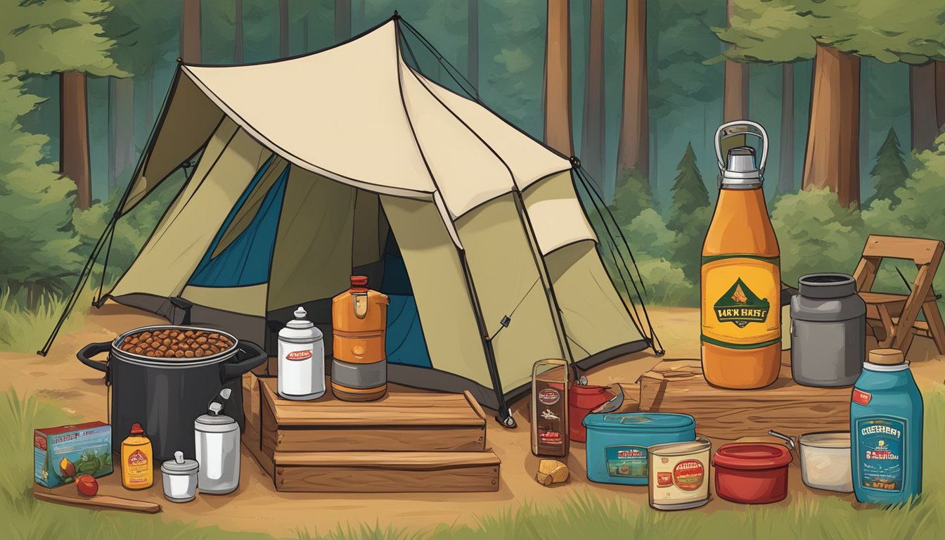 A camping scene with a bottle of Buc-ee's Cherry Maple BBQ Rub surrounded by other camping essentials like a tent, lantern, and cooler