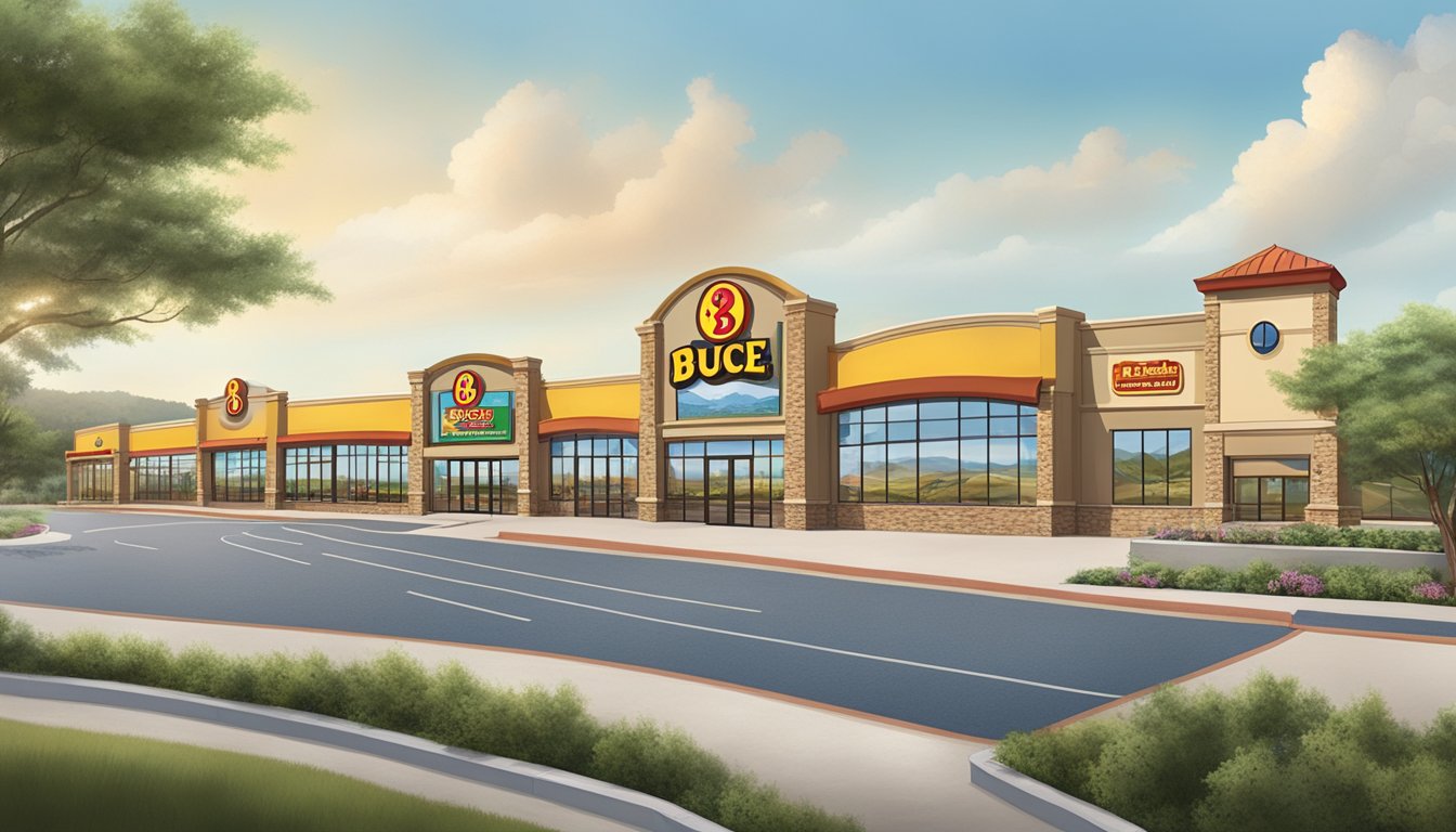 A panoramic view of 8 Buc-ee's locations set against wide horizons with beautiful natural scenery