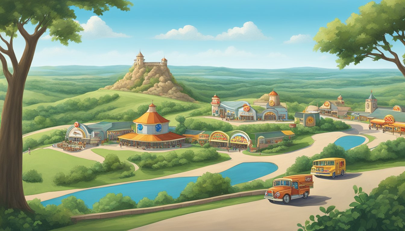 A scenic hilltop with eight Buc-ee's locations visible in the distance, surrounded by lush greenery and a clear blue sky