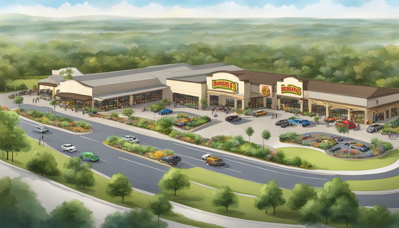 A sprawling vista of the New Braunfels Buc-ee's, nestled along a picturesque riverside with lush greenery and a clear blue sky