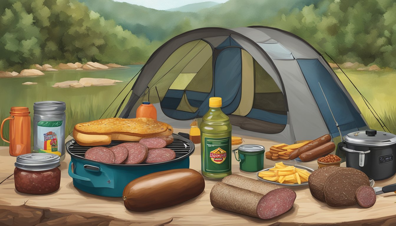 A rustic camping scene with Buc-ee's Hill Country Summer Sausage, camping gear, and nature backdrop