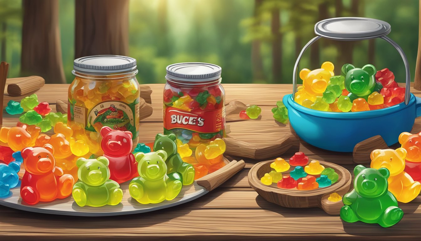 A colorful display of Buc-ee's gummy bears and other camping items arranged on a wooden table in a rustic outdoor setting