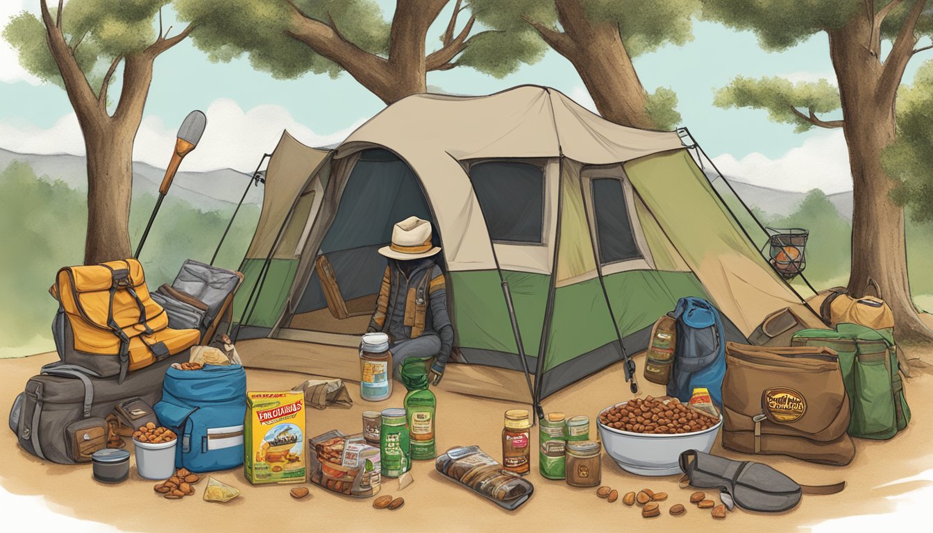 A rustic camping scene with a bag of Buc-ee's Cowboy Trail Mix surrounded by camping gear and supplies