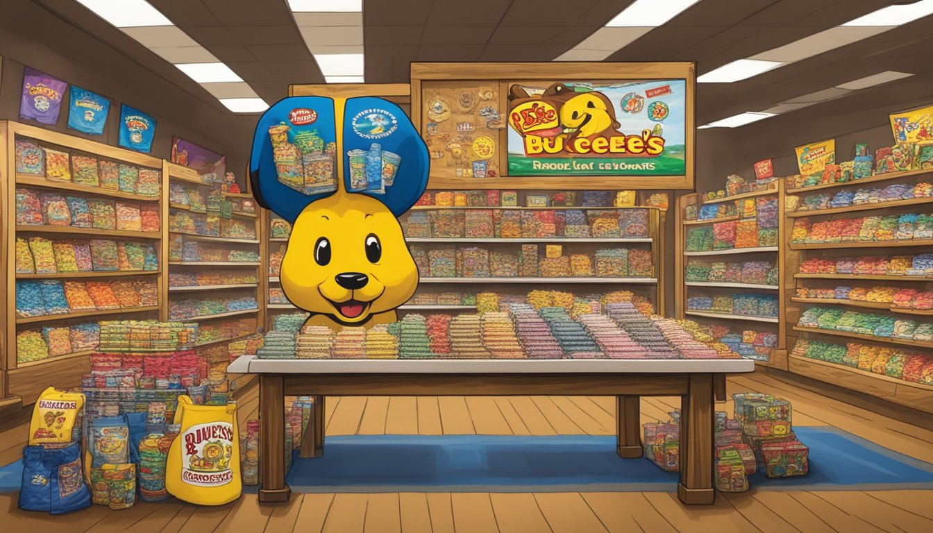 A table filled with Buc-ee's souvenirs, including t-shirts, mugs, and keychains. A large sign reading "23 Reasons Why Texans Are Obsessed with Buc-ee's" hangs above the display