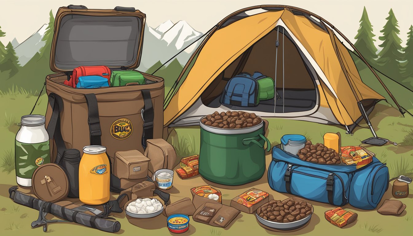 A pile of Buc-ee's Milk Chocolate Caramel Nuggets surrounded by camping gear and supplies, ready for a wilderness adventure