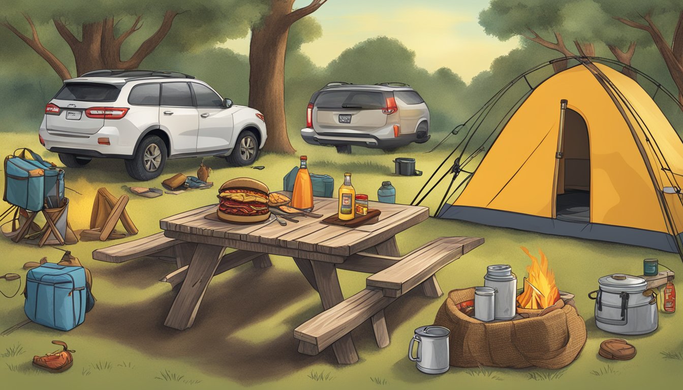 A camping scene with a picnic table set with Buc-ee's Mesquite Smoked Turkey, surrounded by camping gear and a campfire