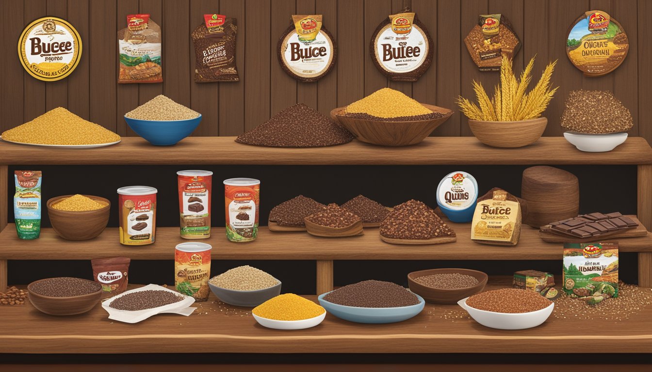 A rustic wooden table displays a dark chocolate bark with quinoa, surrounded by other Buc-ee's products. The bark is sprinkled with crunchy quinoa and set against a backdrop of the store's signature logo