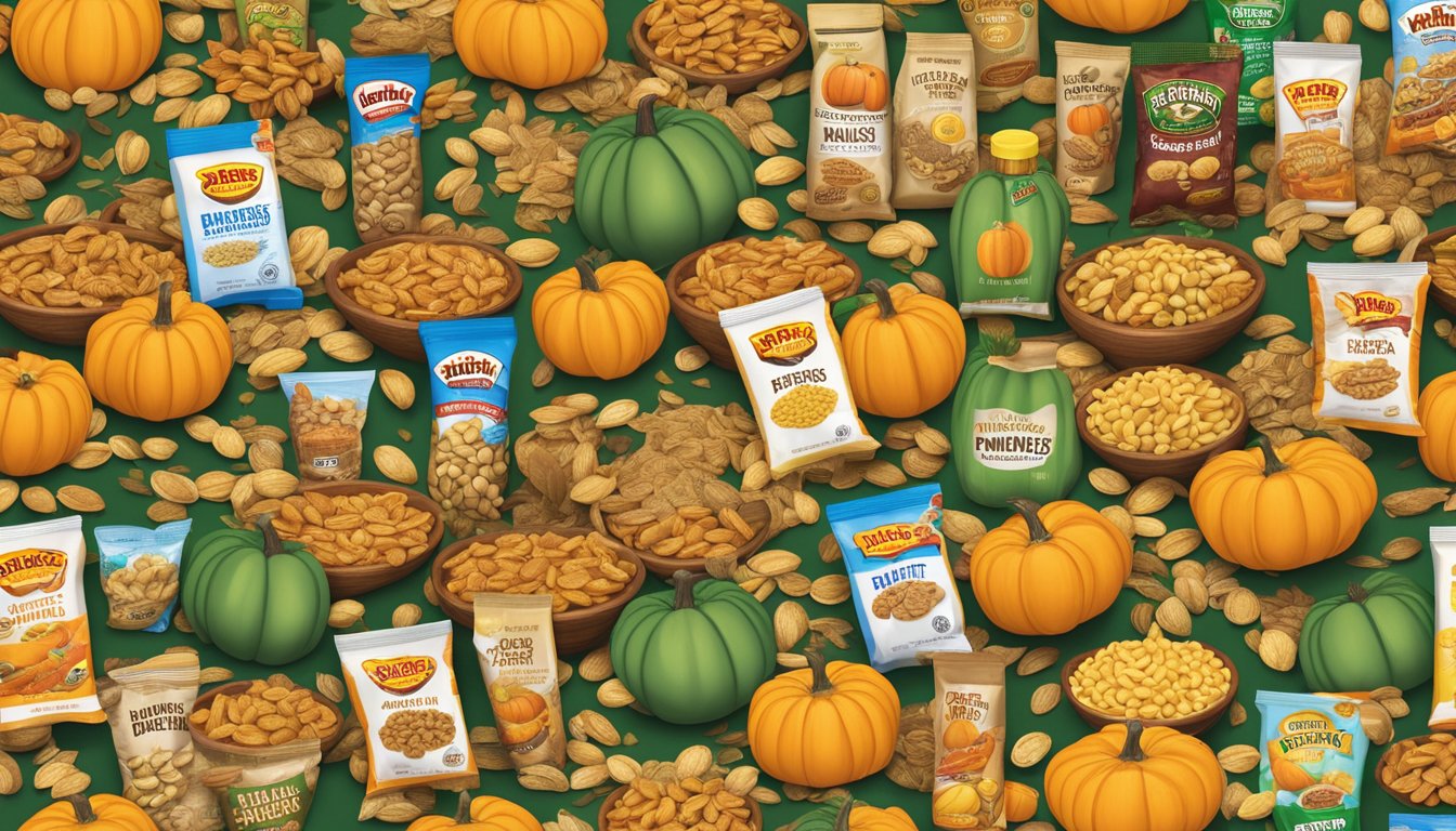 A pile of pumpkin seeds surrounded by various Buc-ee's products, including snacks and beverages, arranged in an appealing and enticing display