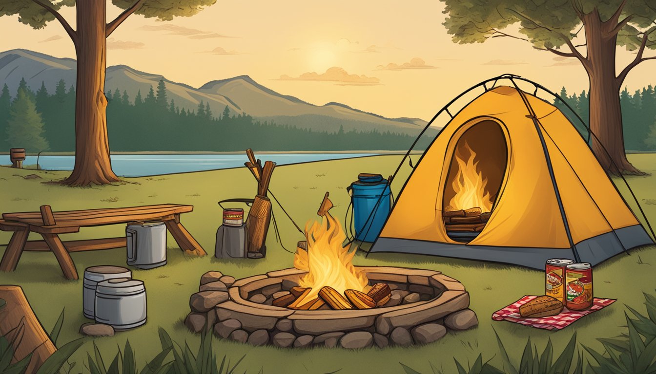 A campsite with a roaring fire, a tent, and a picnic table covered in Buc-ee's Jalapeño Cheddar Sticks and other camping essentials