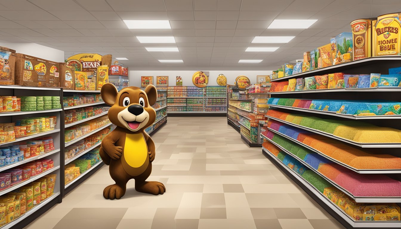 A colorful display of Buc-ee's themed home goods arranged on shelves with Texas-themed decor and iconic beaver mascot imagery