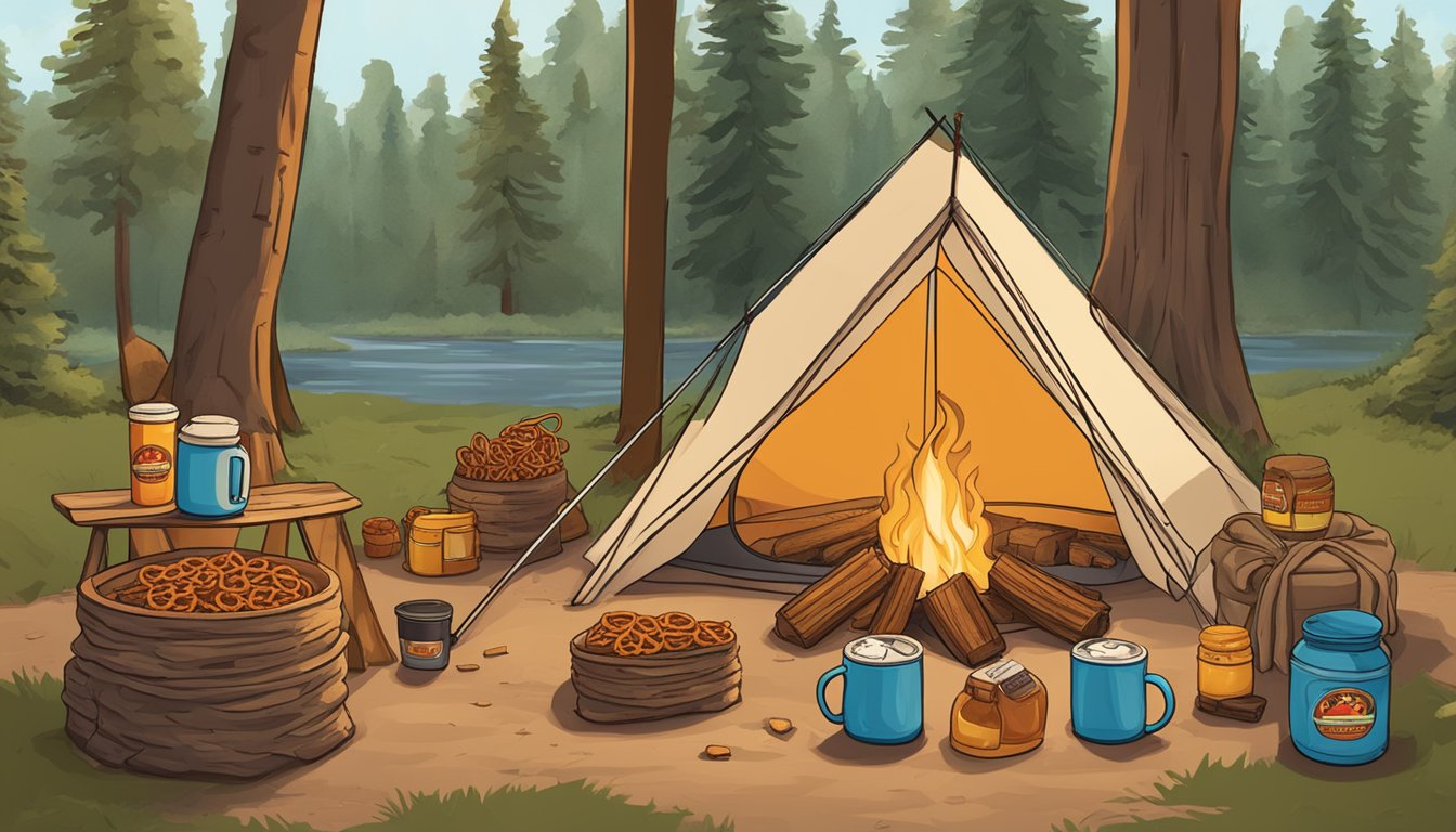 A campsite with a cozy fire surrounded by Buc-ee's Salted Caramel Pretzels and other camping essentials