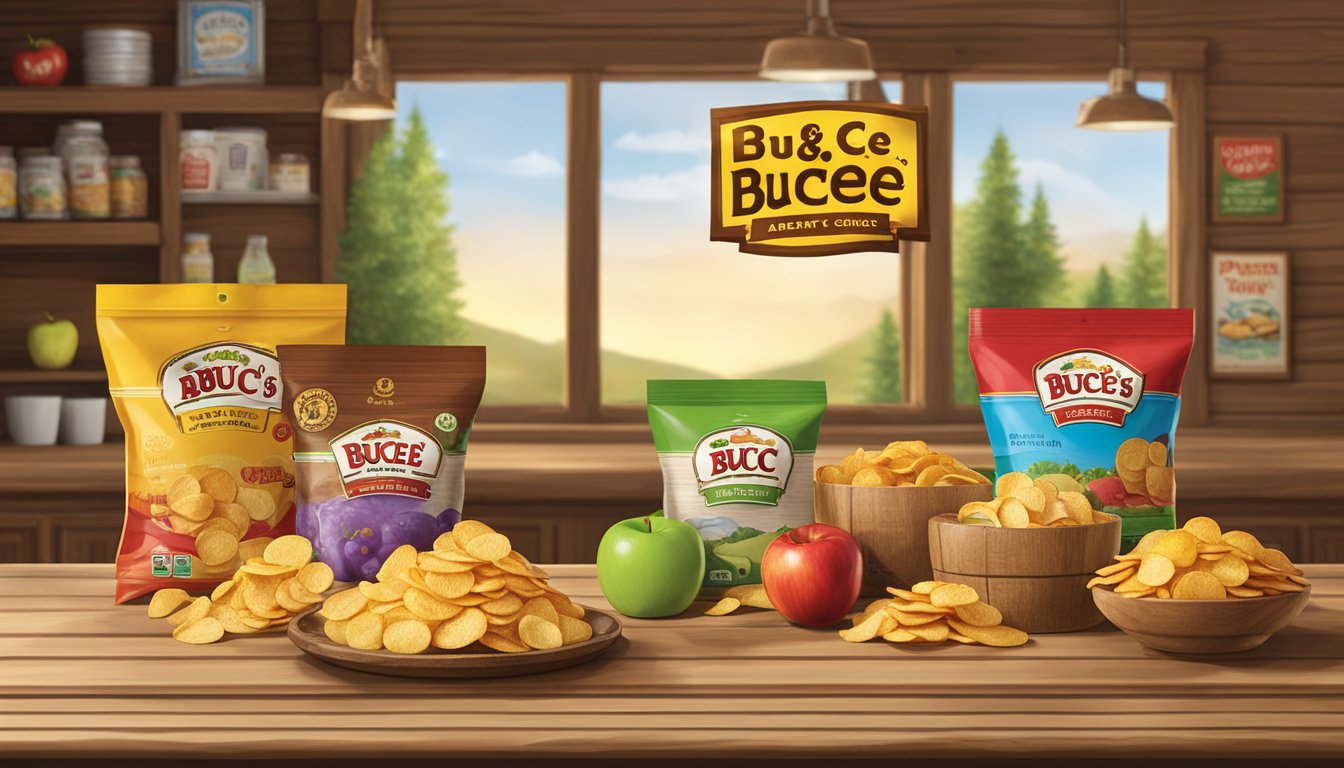 A colorful display of Buc-ee's apple chips and other healthy snacks arranged on a wooden counter in a rustic, inviting setting