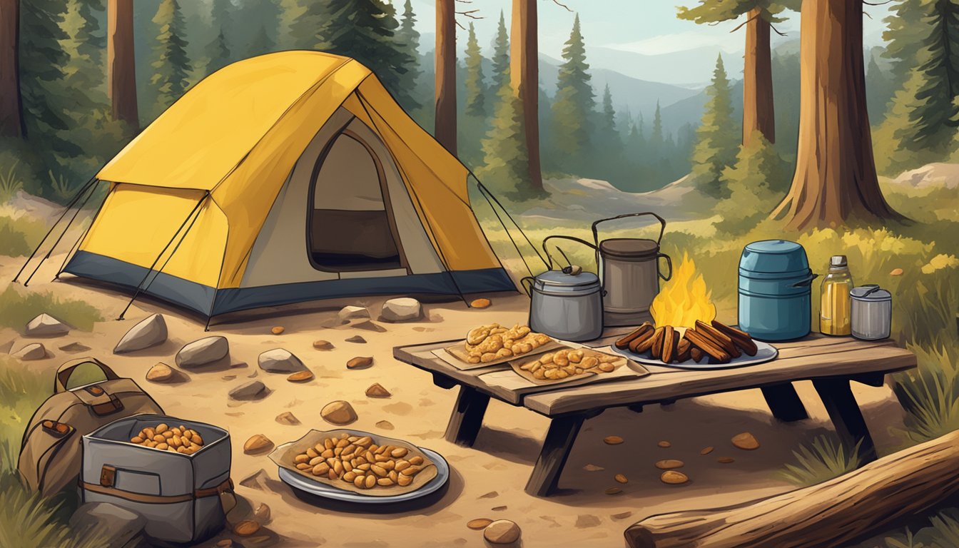 A rustic camping scene with a picnic table covered in Buc-ee's Lemon Crisp Almonds, surrounded by camping gear and a cozy campfire