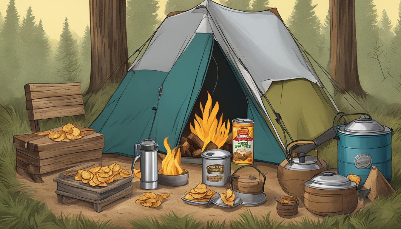 A rustic campsite with a crackling campfire surrounded by Buc-ee's Kettle Style Potato Chips and other camping essentials