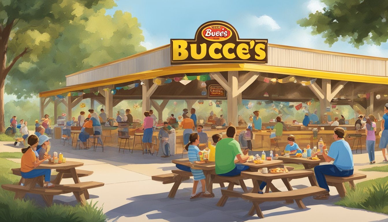 A sunny picnic area with families enjoying snacks and drinks, surrounded by Buc-ee's iconic signage and merchandise