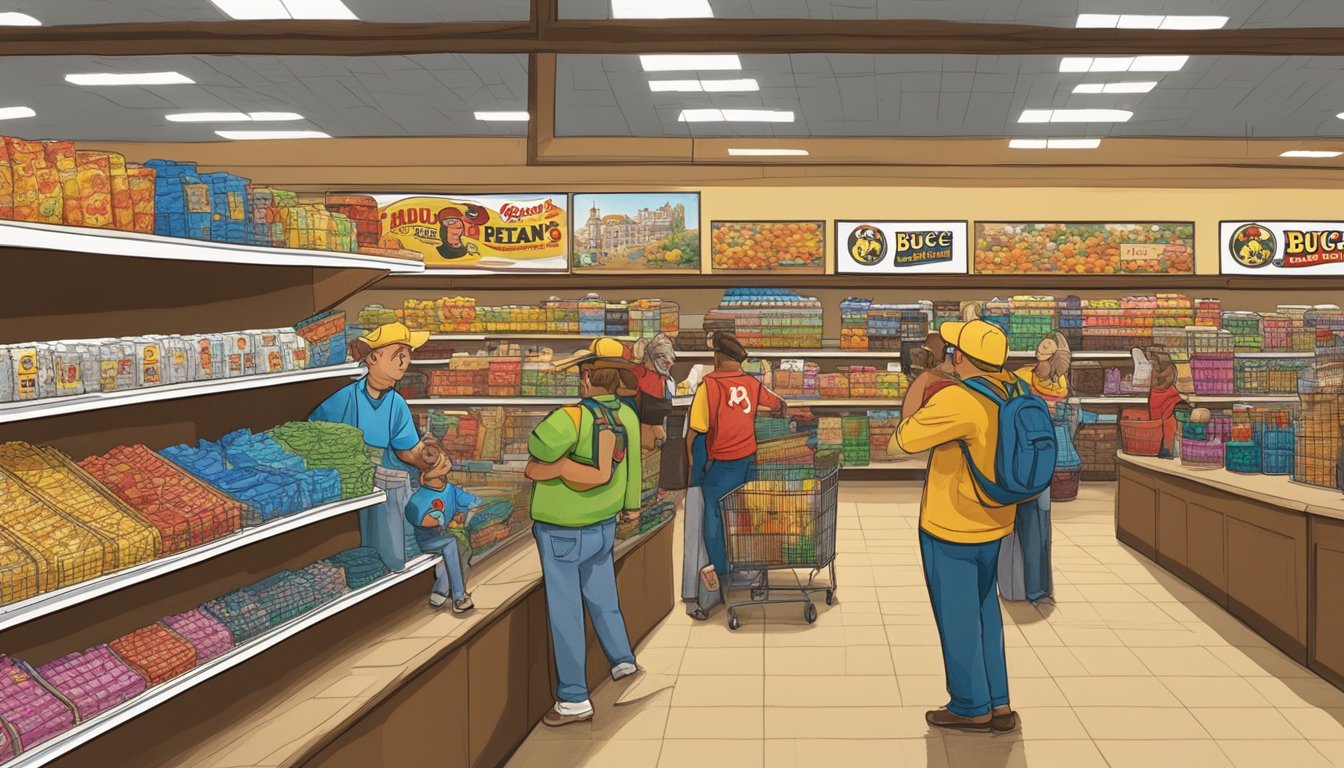 A crowded Buc-ee's store with shelves of branded apparel and a large sign reading "23 Reasons Why Texans Are Obsessed with Buc-ee's"