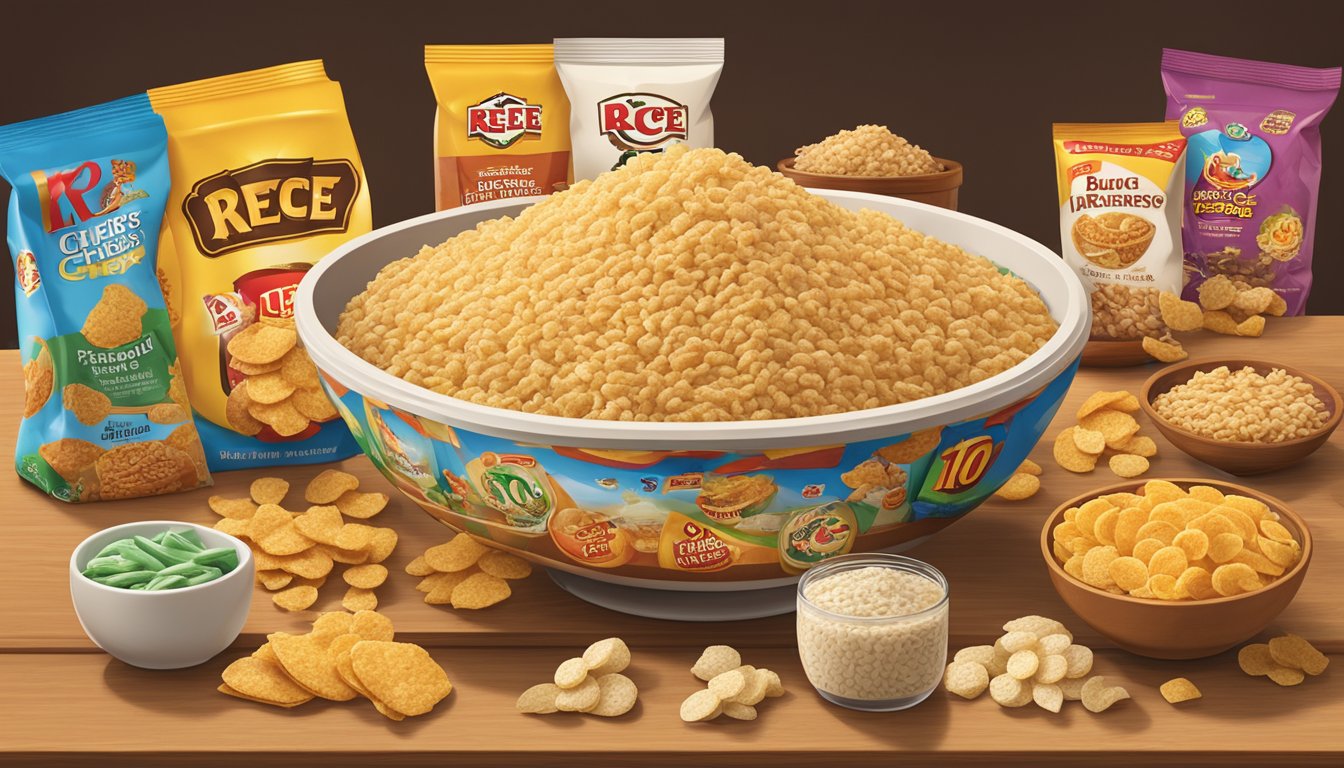 A bowl of brown rice crisps surrounded by 10 Buc-ee's products, including snacks and drinks, arranged neatly on a wooden table