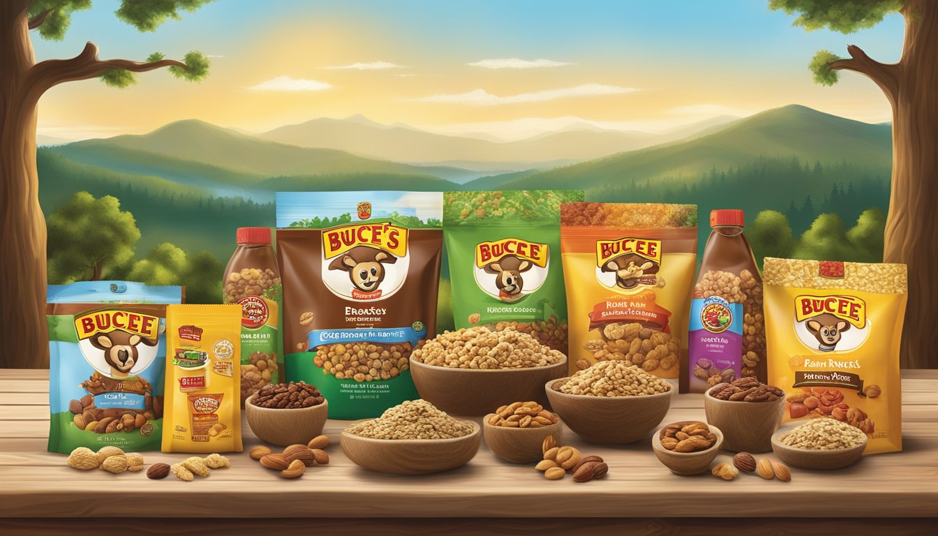 A colorful display of Buc-ee's products, including nuts, dried fruits, and granola bars, arranged on a wooden table with a backdrop of natural scenery