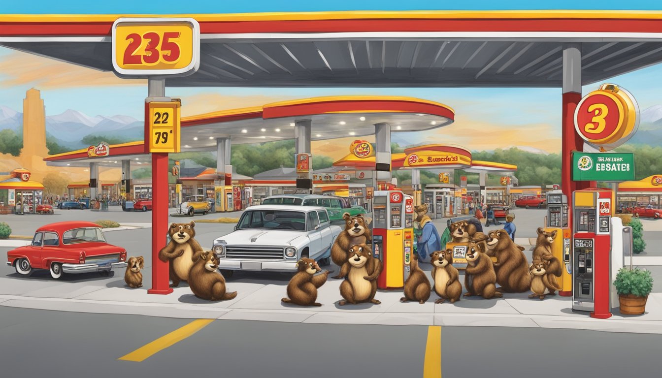 A bustling Buc-ee's gas station with a giant beaver mascot, rows of fuel pumps, and a massive sign advertising 23 reasons to visit