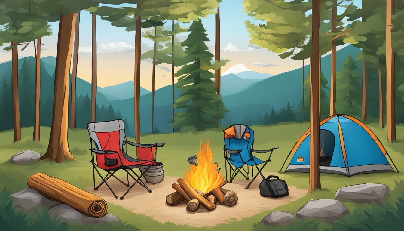 A scenic campsite with a tent, campfire, and various camping gear from Buc-ee's, such as a cooler, sleeping bag, and camping chair