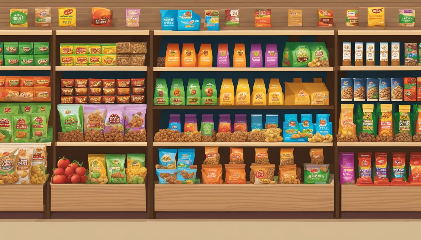 A colorful display of Buc-ee's healthy products, including fresh fruits, nuts, and granola bars, arranged on shelves with vibrant packaging