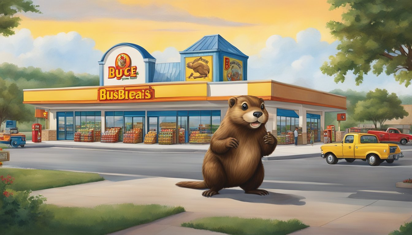 Buc-ee's Texas City: A large, vibrant mural of a beaver adorns the exterior, surrounded by a bustling gas station and convenience store