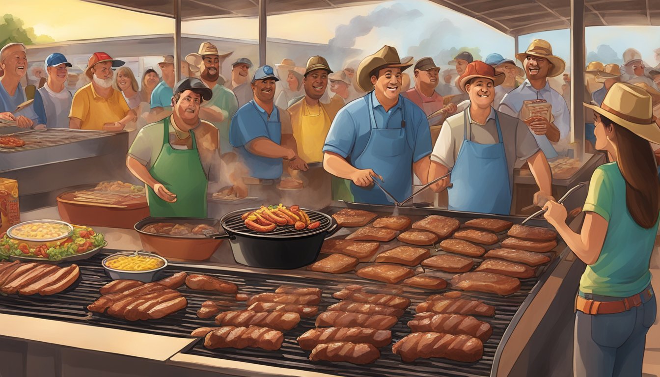 A bustling BBQ pit at Buc-ee's with mouthwatering smoked meats, sizzling on the grill, surrounded by hungry Texans enjoying the savory aroma