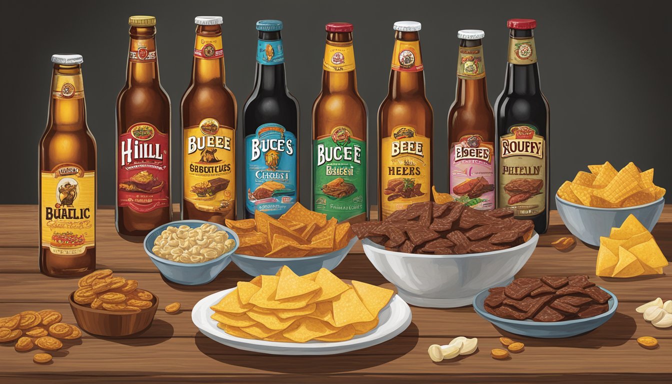 A rustic wooden table displays a variety of Buc-ee's snacks, including Hill Country Bohemian Garlic Beef Jerky, alongside an assortment of beer bottles