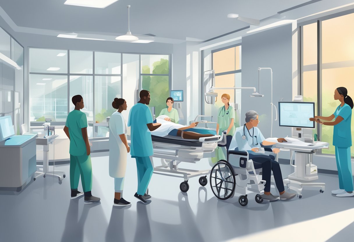 Une équipe de professionnels de la santé collaborant dans une chambre d'hôpital moderne et bien éclairée pour traiter un patient atteint de paralysie.