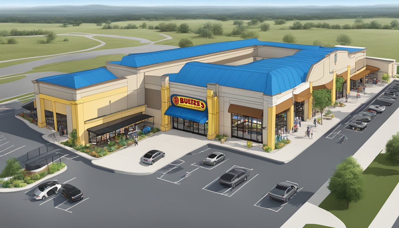 An expansive car wash facility at a New Braunfels Buc-ee's location, surrounded by unique architectural features