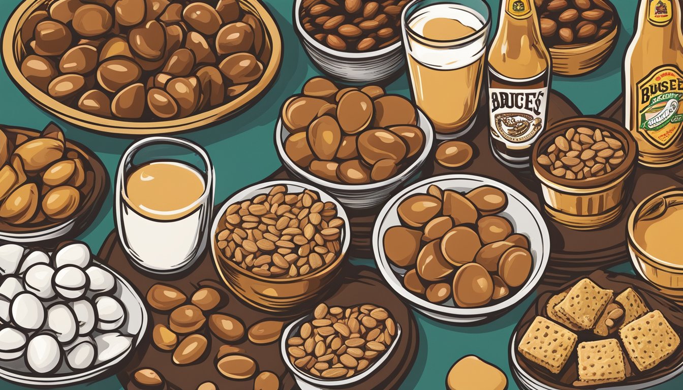 A bowl of salted caramel milk chocolate almonds next to a variety of Buc-ee's snacks, arranged to pair with different types of beer