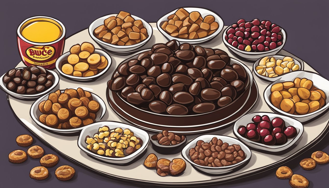 A platter of dark chocolate covered cranberries surrounded by a variety of Buc-ee's snacks, ready to be paired with favorite beers