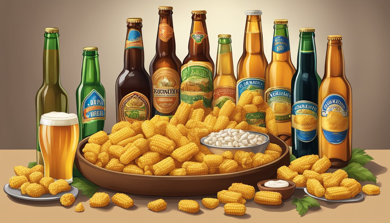 A platter of golden-brown corn nuggets surrounded by bottles of assorted beers