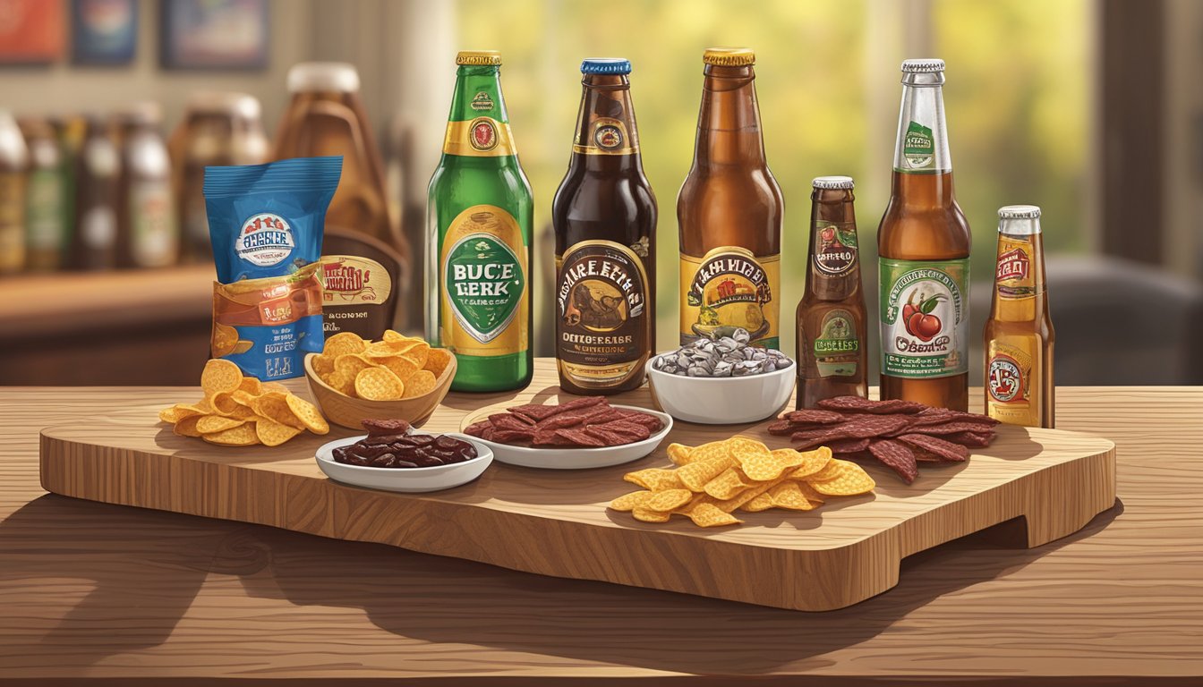 A wooden serving board with cherry maple beef jerky and a variety of Buc-ee's snacks arranged next to an assortment of beer bottles