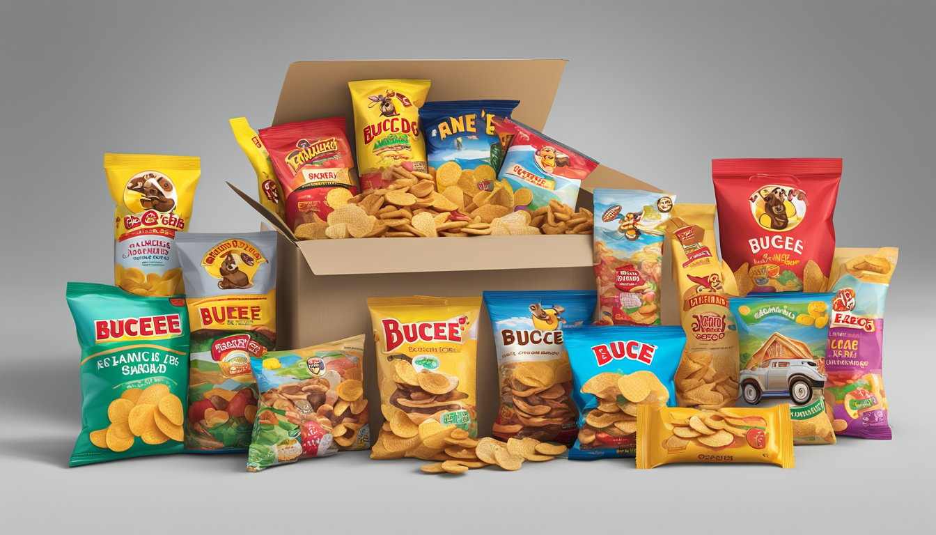 A colorful array of Buc-ee's branded snacks, including chips, pretzels, and candies, arranged in a care package with a road trip theme