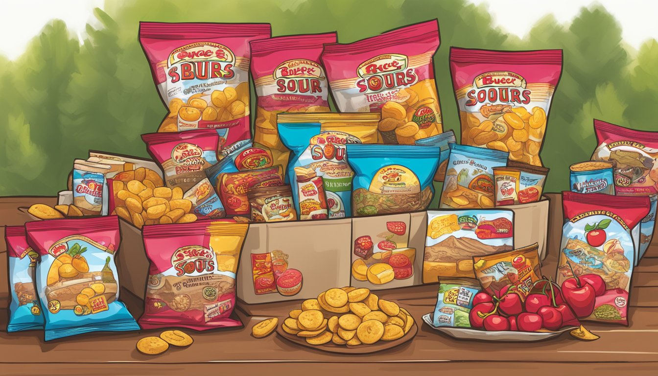 A colorful display of Buc-ee's Cherry Sours and other road trip snacks arranged in a care package