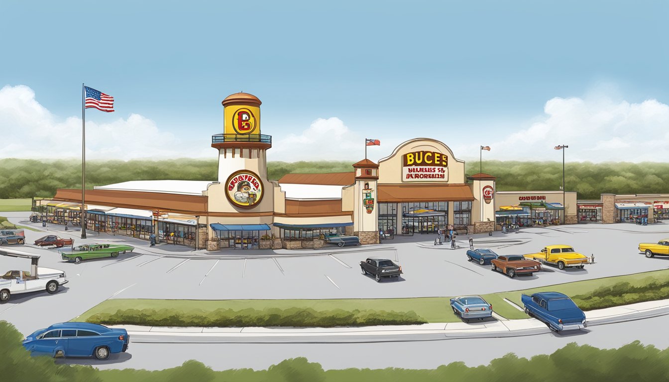 Buc-ee's Madisonville with iconic water tower, gas pumps, and sprawling parking lot